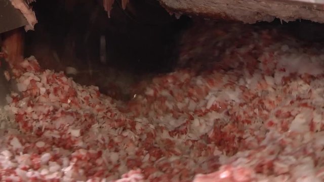 Processing lard or meat in minced meat on a huge meat grinder at a meat factory closeup. KUTTER FOR MEAT. Fine grinding of soft meat raw materials. Meat processing equipment. 