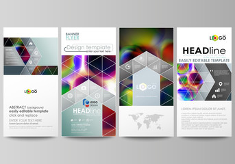 Flyers set, modern banners. Business templates. Cover template, easy editable flat layouts, vector illustration. Colorful design background with abstract shapes, bright cell backdrop.
