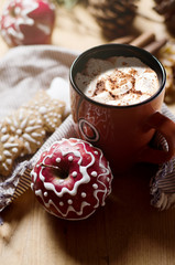 Still life with cup of coffee or cacao, Apples and gingerbread cookies with icing sugar decoration. Christmas and New Year holidays background