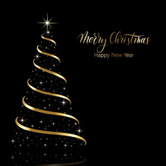 Merry Christmas and Happy New Year - golden calligraphy with New Year tree and shining stars. Postcard. Vector.