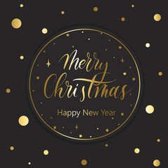 Merry Christmas and happy new year - hand lettering vector card. Calligraphy gold holiday  inscription. Round label design.