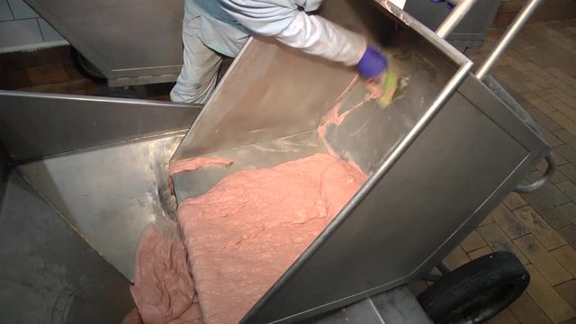 Meat industry. Kutter for meat.  Fine grinding of soft meat raw materials. Mixing meat and spices for making hot dogs and sausages in a food factory