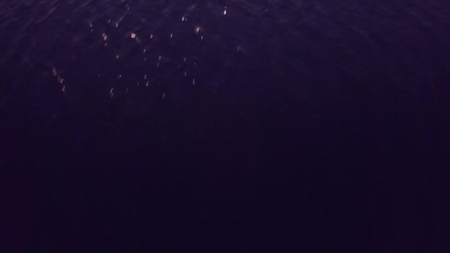 Cruising across the surface if rippling water with camera down, panning up to two bridges, sunset