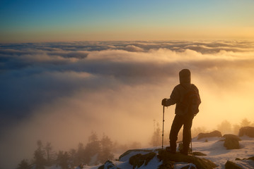 Back view of tourist hiker with backpack and hiking sticks standing on rocky mountain peak,...