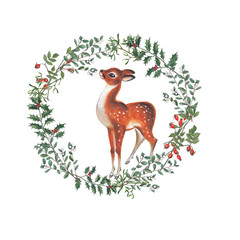 Obraz premium Christmas watercolor wreath with deer.