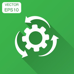 Workflow process icon in flat style. Gear cog wheel with arrows vector illustration with long shadow. Workflow business concept.