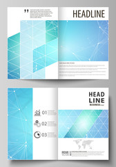 Business templates for bi fold brochure, flyer. Cover design template, vector layouts, A4 size. Chemistry pattern, connecting lines and dots, molecule structure, medical DNA research. Medicine concept