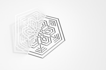 Carved paper snowflake folded in half, bent, casts a beautiful shadow 3d illustration.