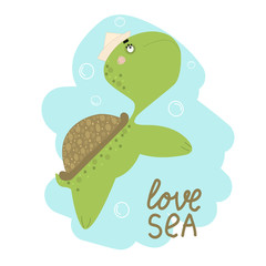 Cute funny turtle. Suitable for printing on clothing, fabric, paper. Hand-drawn.