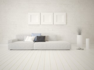 Mock up modern living room with a light sofa and a bright hipster backdrop.