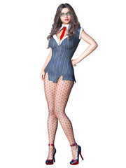 Long-haired sexy brunette secretary in black pantyhose. Beautiful girl with glasses standing sexually explicit pose. Realistic 3D rendering isolate illustration.