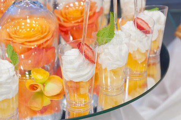 catering cream strawberry cream with mint. Holiday, rest