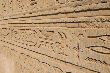 Hieroglyphic carvings on an ancient egyptian temple wall