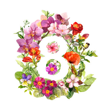 Floral number - 8 eight from flowers. Watercolor greeting