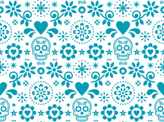 Sugar skull vector seamless pattern inspired by Mexican folk art, Dia de Los Muertos repetitive design in turquoise on white background