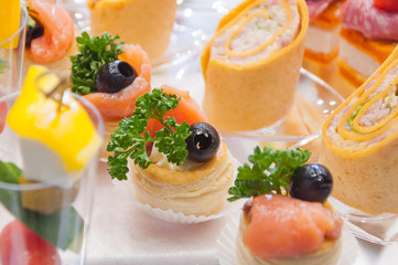 catering. mini canapes meat fish vegetable snacks