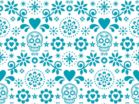 Sugar skull vector seamless pattern inspired by Mexican folk art, Dia de Los Muertos repetitive design in turquoise on white background