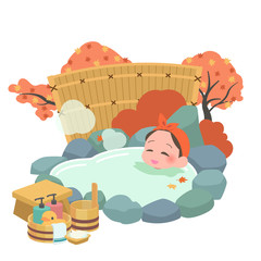 温泉につかる女性　秋