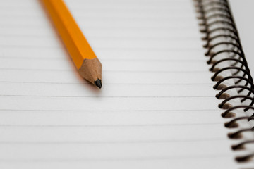Graphite of yellow pencil on the background of a lined sheet of notebook on a spiral close-up. Copy space