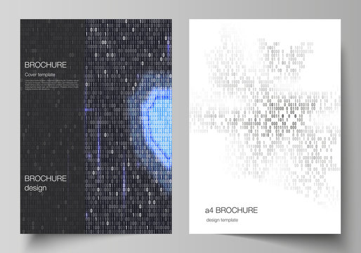 Vector layout of A4 format cover mockups design templates for brochure, magazine, flyer, booklet, report. Binary code background. AI, big data, coding or hacker concept, digital technology background