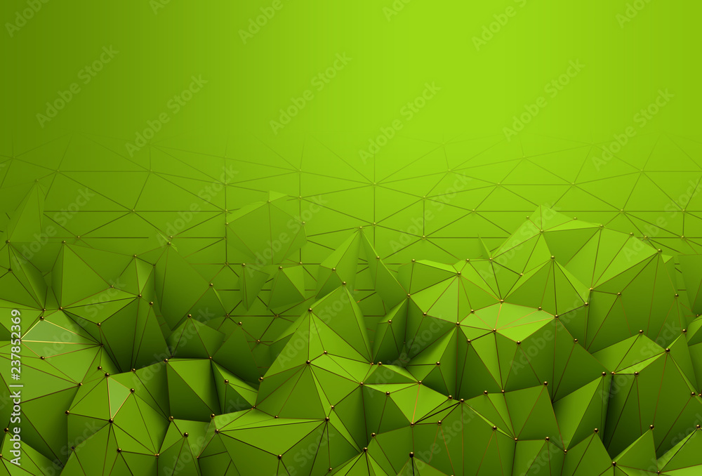 Poster Abstract background with space for text. Bright green chaotic polygons with golden grid and spheres, 3d render or rendering