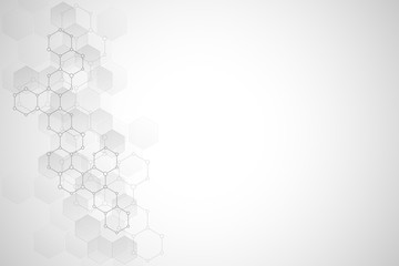 Geometric background texture with molecular structures and chemical compounds. Abstract background of hexagons pattern. Illustration for medical or scientific and technological modern design.