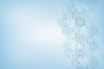 Molecular structures and hexagons elements. Abstract geometric background with molecules and communication. Hexagons pattern for medical or scientific and technological design.
