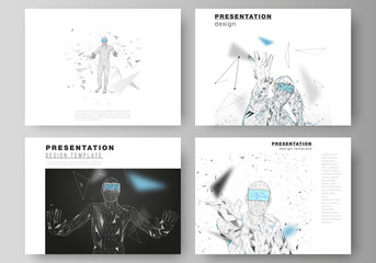 The minimalistic abstract vector illustration of the editable layout of the presentation slides design business templates. Man with glasses of virtual reality. Abstract vr, future technology concept.