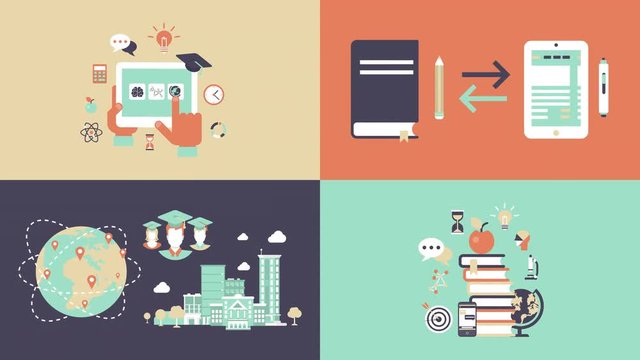 Online Moblie Education world university study learning professional training animated flat concept. E-learning, knowledge, graduation animation icons.
