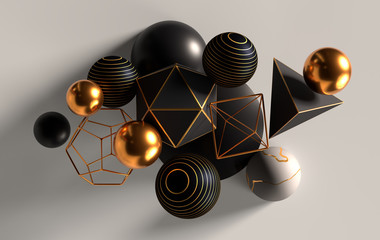 Cluster of abstract spheres and solids, gold, white and black, 3d render