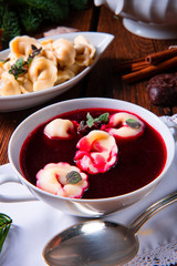 Christmas beetroot soup- borscht with small dumplings