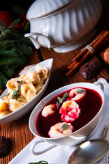 Christmas beetroot soup- borscht with small dumplings