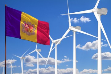 Andorra alternative energy, wind energy industrial concept with windmills and flag industrial illustration - renewable alternative energy, 3D illustration