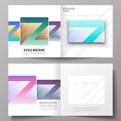 The vector illustration of the editable layout of two covers templates for square design bifold brochure, magazine, flyer, booklet. Creative modern cover concept, colorful background.