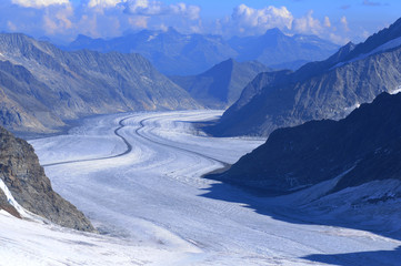 Swiss alps: The panoramic view of the melting Aletsch-Glacier at Jungfraujoch