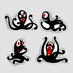 Black silhouette monsters octopus set
