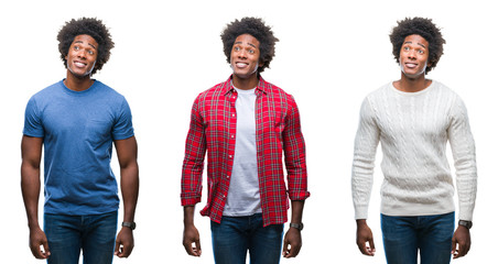 Collage of african american young handsome man over isolated background smiling looking side and staring away thinking.