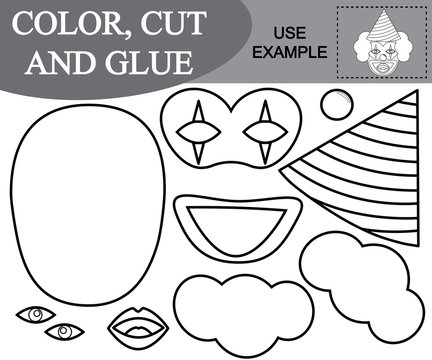 Color, cut and glue the image of amazed clown. Paper game for kids. Vector illustration
