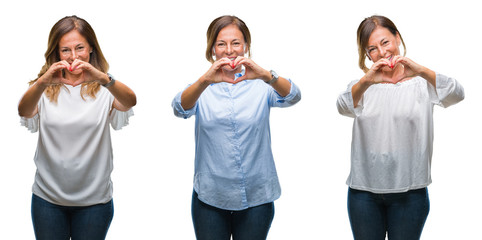 Collage of middle age hispanic woman over isolated background smiling in love showing heart symbol and shape with hands. Romantic concept.