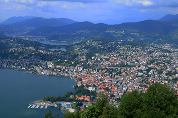 Fototapeta na wymiar South Switzerland: View from Mount Bré to the city of Lugano