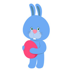 Blue easter bunny standing and holding pink egg in his hands.
