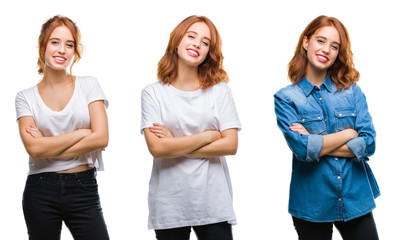 Obraz premium Collage of young beautiful redhead woman over isolated background happy face smiling with crossed arms looking at the camera. Positive person.