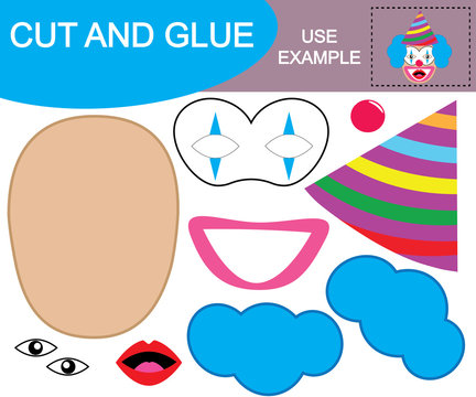 Create the image of face of amazed clown using scissors and glue. Paper game for children. Vector illustration
