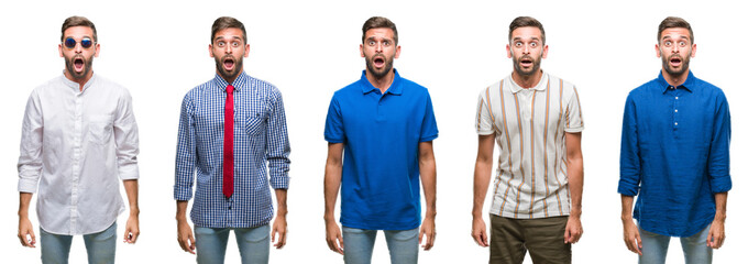 Collage of young business hispanic man over isolated background afraid and shocked with surprise...