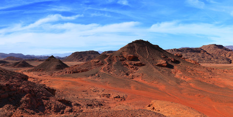 Fototapeta na wymiar Stony desert and rocks panoramic landscape. Timna geological national park. Israel