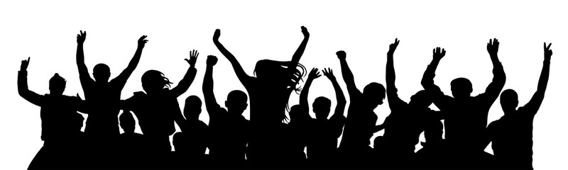 Cheerful crowd people. Stand alone, separate  group of people. Silhouette party celebrating. Applause people hands up. Vector Illustration