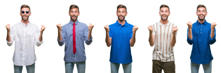 Collage of young business hispanic man over isolated background celebrating surprised and amazed for success with arms raised and open eyes. Winner concept.