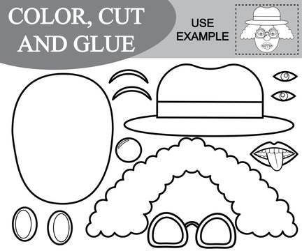 Color, cut and glue the image of clown. Paper game for kids. Vector illustration