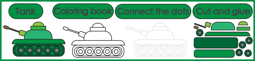 Games for children 3 in 1. Coloring book, connect the dots, cut and glue. Tank cartoon. Vector illustration.