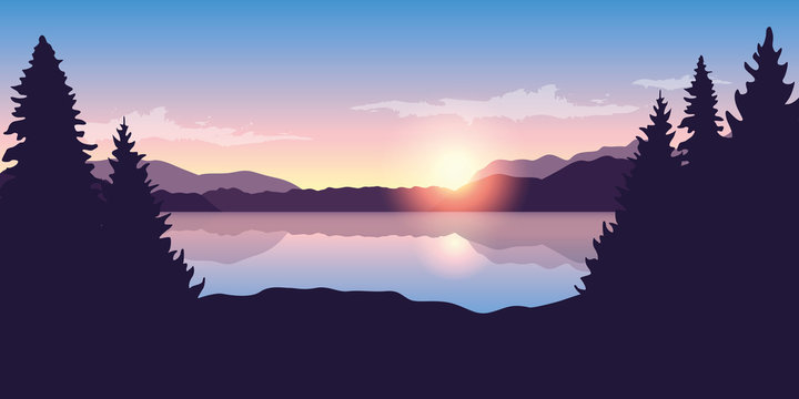 beautiful lake at sunrise purple nature landscape vector illustration EPS10